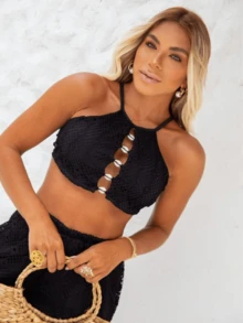 Cropped Fishnet Blouse With Cowrie Shells On The Front And Crossover On The Back - màu đen - Xem 2