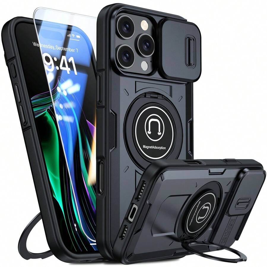 Ốp lưng dành cho iPhone 16 Pro Max, Ốp camera trượt tích hợp & Vòng chân đế xoay [1 * Miếng dán màn hình] Ốp lưng bảo vệ chống sốc siêu bền của quân đội dành cho iPhone 16 Pro Max 6,9 inch - Màu đen Làm quà tặng cho Halloween, Giáng sinh, Sinh nhật, Năm mới, Quà tặng cho bạn bè - màu đen - Xem 1