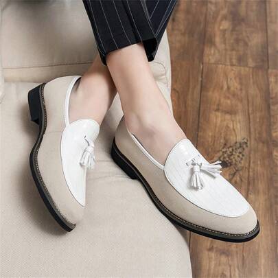 Slip-On Loafers With Tassel Decor, British Style, Mixed Texture Reptile Pattern, Soft Sole, Breathable, Anti-Slip, Casual Comfortable Shoes For Business, Party, , Popular Internet Celebrity Shoes