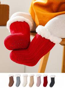 1 par de meias de lã sintética para bebês e crianças pequenas, cor sólida, engrossadas para o dia a dia no inverno e no Natal - Vermelho - Ver 1