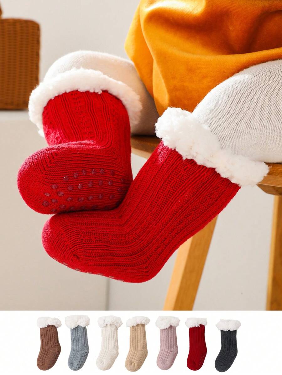1 par de meias de lã sintética para bebês e crianças pequenas, cor sólida, engrossadas para o dia a dia no inverno e no Natal - Vermelho - Ver 1