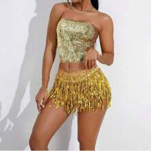 Women's Belly Dance Hip Scarf Skirt Sparkly Tassel Disco Outfits Sequin Wrap Rave Costumes Fringe Skirt - Multicolor - View 4