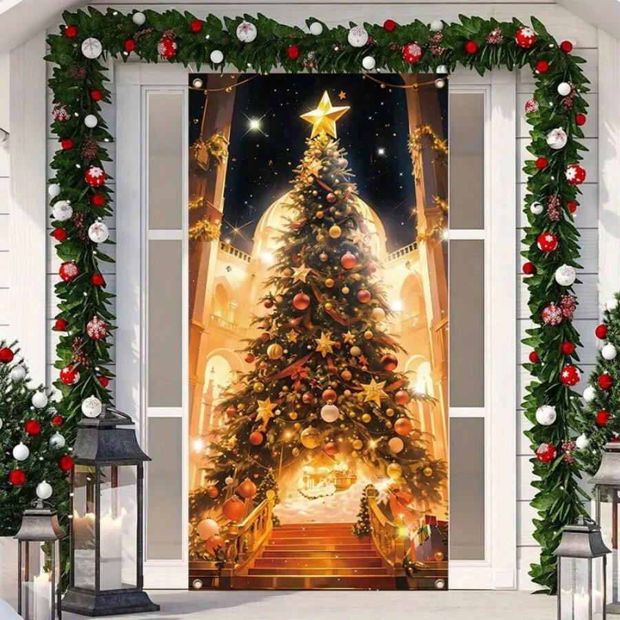 1 pieza, Decoración navideña para la puerta, de poliéster, con exquisito patrón de árbol de Navidad de invierno como fondo fotográfico, suministros para fiestas de Año Nuevo y Navidad, adecuado para decoración de cabina fotográfica al aire libre e interior en la entrada - Multicolor - Ver 1