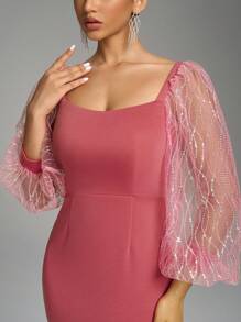 Váy xòe cổ vuông tay đèn lồng chắp vá đính sequin xẻ sau lưng, váy dạ hội trang trọng thanh lịch, dành cho khách dự tiệc cưới, tốt nghiệp, tiệc tối - Gỗ đỏ - Xem 7