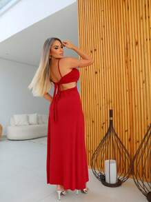 Long Dress With Cut Out And Slit Leg With Shorts - 紅色 - 查看 3