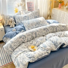 4 Stücke Polyester Bettbezug Set, weiches atmungsaktives Federn Muster Bettwäsche Set, geeignet für Schlafzimmer, Gästezimmer (1*Bettlaken + 1*Bettbezug + 2*Kissenbezug, ohne Füllung)