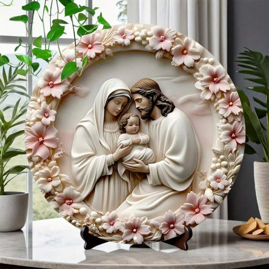 1pc Holy Family Wood Circular Wall Art, 8x8 Inch Home Decor, Christmas/New Year Decorative Sign, Christmas/New Year Gift, Suitable For Living Room, Bathroom, Bedroom, Garage, Bar, Cafe - Weather-Resistant Random Style,Home Decor ,Room Decor,Wall Decor