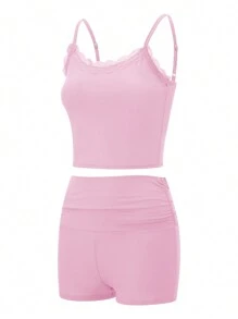Women 2 Piece Cami Shorts Sets Sexy Spaghetti Strap Crop Top High Waist Shorts Y2k Lounge Outfits Pajamas Sleepwear - 粉色 - 查看 5