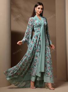 Women's Elegant Floral Print Waist Cinching Dress, Autumn