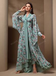 Women's Elegant Floral Print Waist Cinching Dress, Autumn