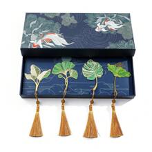 1 Set/1 Pc Lotus Leaf Vein, Ginkgo Biloba, Plantain, Tortoise Shell Leaf Tassel Bookmark With Gift Box For Family, BFF, Book Lovers Collecting Trophy Artwork, Memorial Gifts, Birthday Gifts, Metal Brass Bookmarks