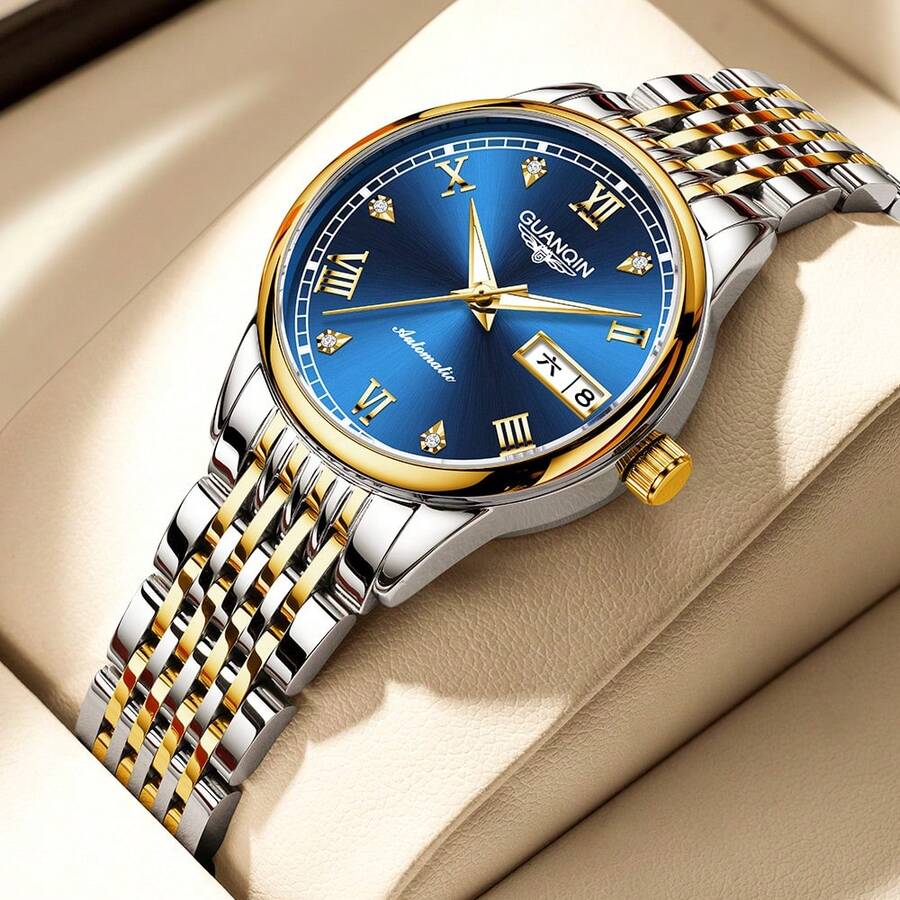 1 件 GUANQIN 防水夜光手表，带双日历水钻表盘耐磨不锈钢表带时尚商务奢华经典休闲自动上链女士自动机械表适合节日、约会、商务、礼物 - 彩色 - 查看 1