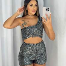Women's Sequin Shorts & One-Sleeve Top Set Shiny New Year Parties 2024 - Bạc - Xem 2