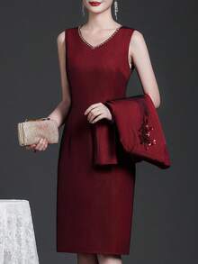2pcs Burgundy Elegant Outfit, Long Sleeve Embroidered Blouse And Sleeveless Knee-Length Dress, Women's Graceful Attire Suitable For Christmas Eve, Thanksgiving, Christmas, Chinese New Year, New Year's Eve, Daily, Casual, Holiday, Event, Festival, Wedding, Engagement, Formal, Birthday, Celebration, Gift, Party, Social Occasions
