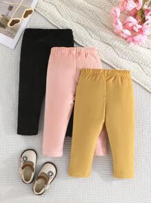 3 Pcs Baby Girls Thermal Lined Warm Leggings For Baby Girls, Elastic Waist Casual Bottoms - Multicolor - View 2