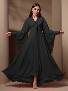 女士优雅纯色蝙蝠袖长裙，秋季 - 黑色 - 查看 7