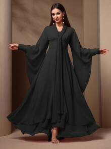 女士优雅纯色蝙蝠袖长裙，秋季 - 黑色 - 查看 1