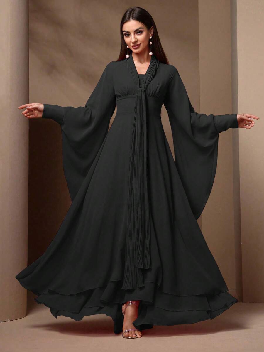 女士优雅纯色蝙蝠袖长裙，秋季 - 黑色 - 查看 1