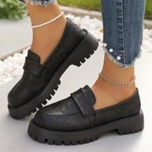 Chaussures Oxford noir pour femmes grandes tailles, chaussures d'uniforme de style britannique à semelle épaisse, mocassins à talons hauts d'académie britannique