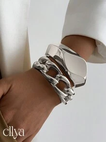 1pc Vintage Minimalist Multi-Element Asymmetrical Big Cuff Bracelet, Exaggerated Fashion Wide Face Adjustable Wrist Open Cuff Bracelet For Women, High-Quality Dual-Sided Spring Bracelet, Multi-Functional Stackable Jewelry, Suitable For Daily Decoration, Party And Banquet Jewelry, Holiday Gift Jewelry