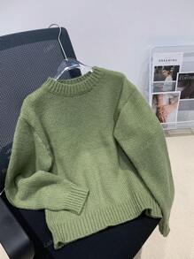 Women's Simple Solid Color Crew Neck Casual Long Sleeve Knit Sweater