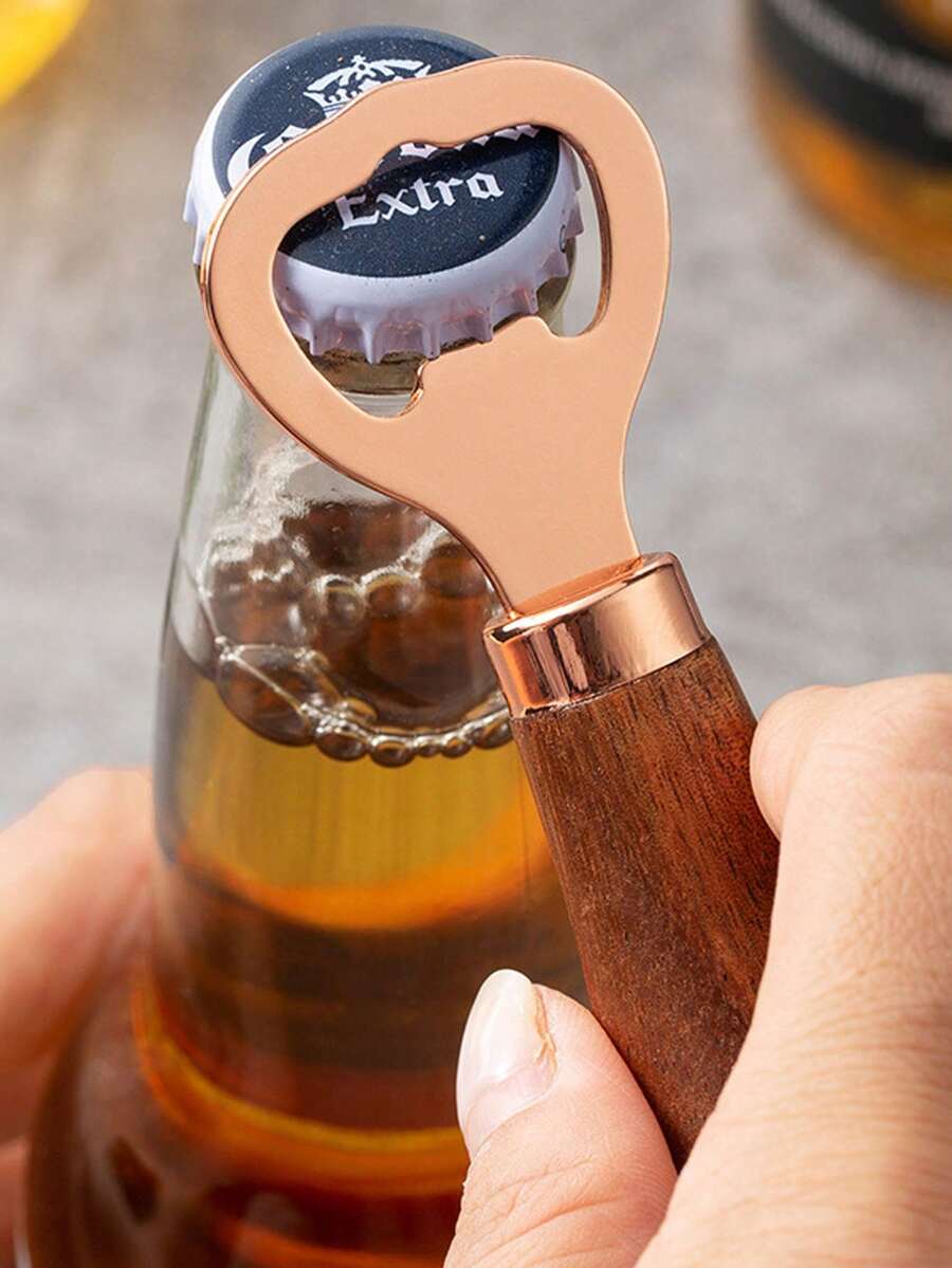 玫瑰木啤酒开瓶器，家用木柄不锈钢玫瑰金创意立式开瓶器 - 棕色 - 查看 1