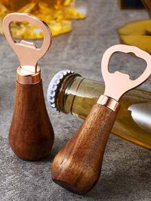 玫瑰木啤酒开瓶器，家用木柄不锈钢玫瑰金创意立式开瓶器 - 棕色 - 查看 4