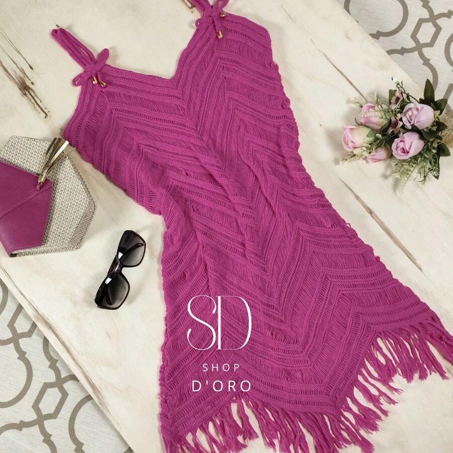 Beach Cover-Up With Fringes And Ocean Waves - Hot Pink - View 1