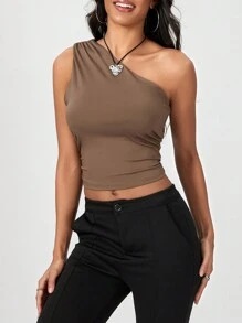 Women's Summer One Shoulder Tank Tops  Soft Stretchy Solid Color Floral For Daily Date Night Party - 棕色 - 查看 9