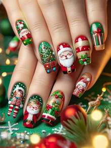 24 件芭蕾风格长假指甲，圣诞树、圣诞老人、驯鹿设计，适合女士，全覆盖可拆卸美甲套装，适合派对、婚礼和日常佩戴 - 彩色 - 查看 9
