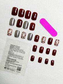 24pcs Short, Soft, Cute Red-Brown Floral Design, Silver Glitter, Elegant Press-On Nails For Women + 1pc Jelly Gel + 1pc Kneading Nail File - Multicolor - View 3
