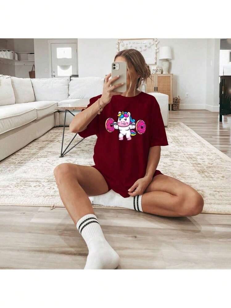 Women's Oversized Unicorn T-Shirt Workout Gym 100% Cotton Blouse - 紫紅色 - 查看 1