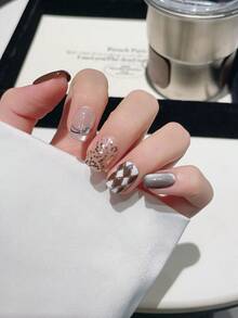 Bộ 10 miếng dán móng tay hình mắt mèo hình thoi màu cà phê tối giản vẽ tay, bộ nghệ thuật móng tay đeo được, thích hợp cho hàng ngày, hẹn hò và tụ tập - Nhiều màu - Xem 5