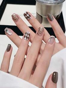 Bộ 10 miếng dán móng tay hình mắt mèo hình thoi màu cà phê tối giản vẽ tay, bộ nghệ thuật móng tay đeo được, thích hợp cho hàng ngày, hẹn hò và tụ tập - Nhiều màu - Xem 4