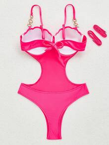 RWX VEST One Piece Swimsuit With Chain Detail On Straps And Firm Cup – Elegance And Total Support XX279 - Màu Hồng Tươi - Xem 2