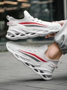 男士时尚拼色条纹网眼舒适透气系带运动鞋，户外减震镂空底灵活休闲跑步鞋 - 白色 - 查看 6