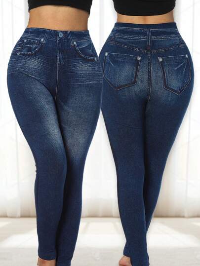 女士无缝高弹力紧身裤牛仔效果健身跑步修身裤高腰休闲裤街头风紧身裤，舒适