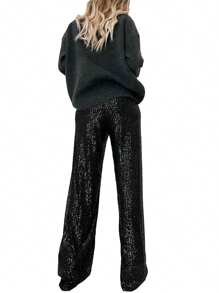 Women Sequins Wide Leg Pants Shiny Loose Casual Elastic High Waist Trousers For Work Office Streetwear - 黑色 - 查看 8