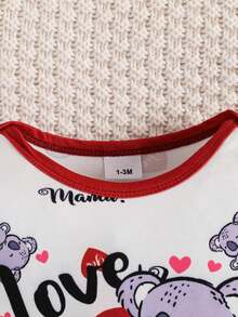 1 Set Baby Boy Cute Koala & Letter Print Long Sleeve Jumpsuit With Hat, Bib, And Gloves, 4 Pieces, Suitable For All Seasons - Red and White - View 3