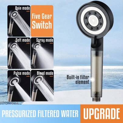 五种模式超强力淋浴喷头，采用优质ABS材质，内置滤芯，净化水质，呵护肌肤，附赠5个备用滤芯，适用于浴室、房车、游艇、户外、旅行拖车和露营车等场所，可替换高压淋浴喷头，多功能增压淋浴喷头，手持花洒，淋浴喷头配件，浴室工具