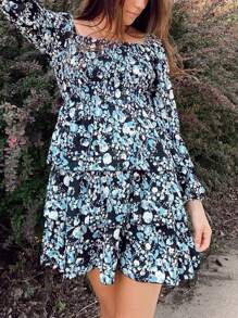Women's Spring Floral Swiss Dot Square Neck Gathered Dress Long Sleeve Ruffle Flare Layerd Summer Street Garden Beach Boho Valentine Short Dress - màu đen - Xem 3
