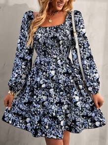 Women's Spring Floral Swiss Dot Square Neck Gathered Dress Long Sleeve Ruffle Flare Layerd Summer Street Garden Beach Boho Valentine Short Dress - màu đen - Xem 1