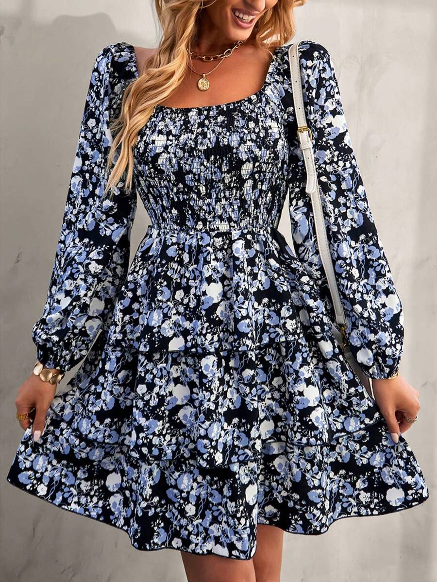 Women's Spring Floral Swiss Dot Square Neck Gathered Dress Long Sleeve Ruffle Flare Layerd Summer Street Garden Beach Boho Valentine Short Dress - màu đen - Xem 1