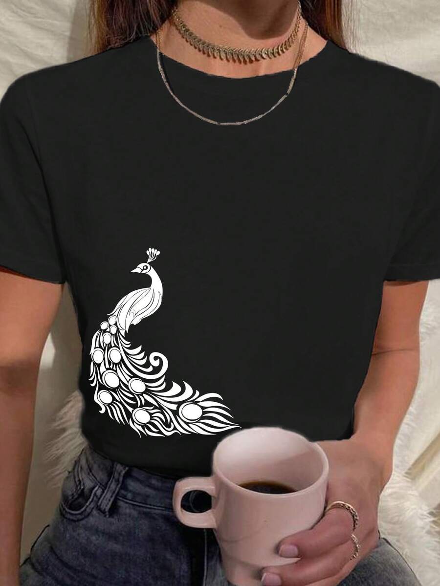 You On T Shirt Women's Baby Look Peacock Minimalist Stylish Cute Various Colors 100% Cotton - màu đen - Xem 1