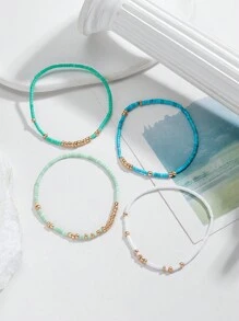 4 peças/Conjunto de Pulseiras Elásticas de Contas de Semente de Turquesa, Pulseiras Artesanais de Contas de Vidro Douradas Boho para Meninas, Joias de Férias (Contas Aleatoriamente Misturadas)