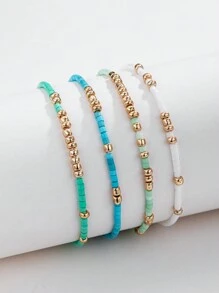 4 peças/Conjunto de Pulseiras Elásticas de Contas de Semente de Turquesa, Pulseiras Artesanais de Contas de Vidro Douradas Boho para Meninas, Joias de Férias (Contas Aleatoriamente Misturadas)