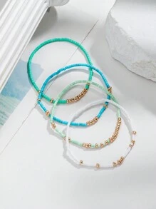 4 peças/Conjunto de Pulseiras Elásticas de Contas de Semente de Turquesa, Pulseiras Artesanais de Contas de Vidro Douradas Boho para Meninas, Joias de Férias (Contas Aleatoriamente Misturadas)