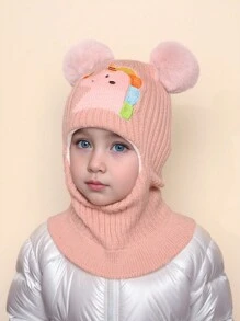 1 pièce Capuchon d'oreilles en tricot épais, chaud et coupe-vent pour l'hiver, avec broderie de personnage de dessin animé mignon et double pompon, pour fille