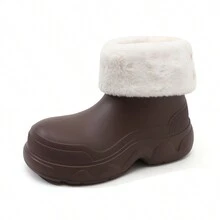 女士冬季保暖高帮雪地靴，圆头休闲纯色时尚运动鞋女士一脚蹬软底低跟厚底休闲鞋，蓬松衬里 EVA 外底户外鞋 - 棕色 - 查看 8