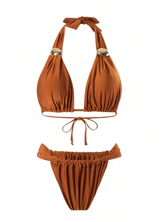 Sexy Metallic Buckle Solid Color Ruched Bikini, Tie-Front Two-Piece Swimwear, Suitable For Summer Beach Vacation Festival